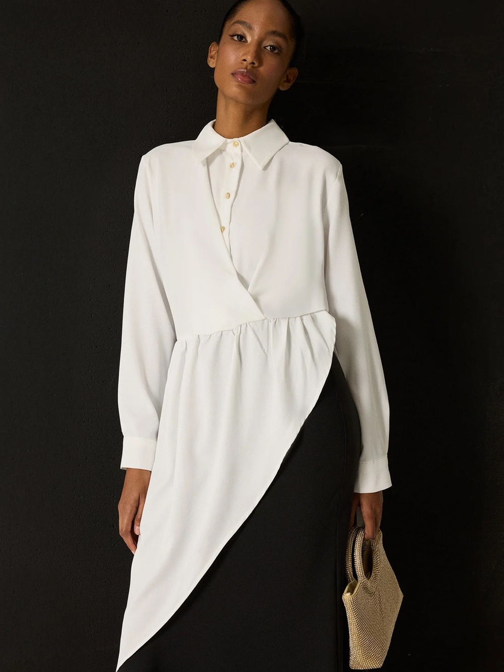 Asymmetrical White Wrap-Front Shirt Dress